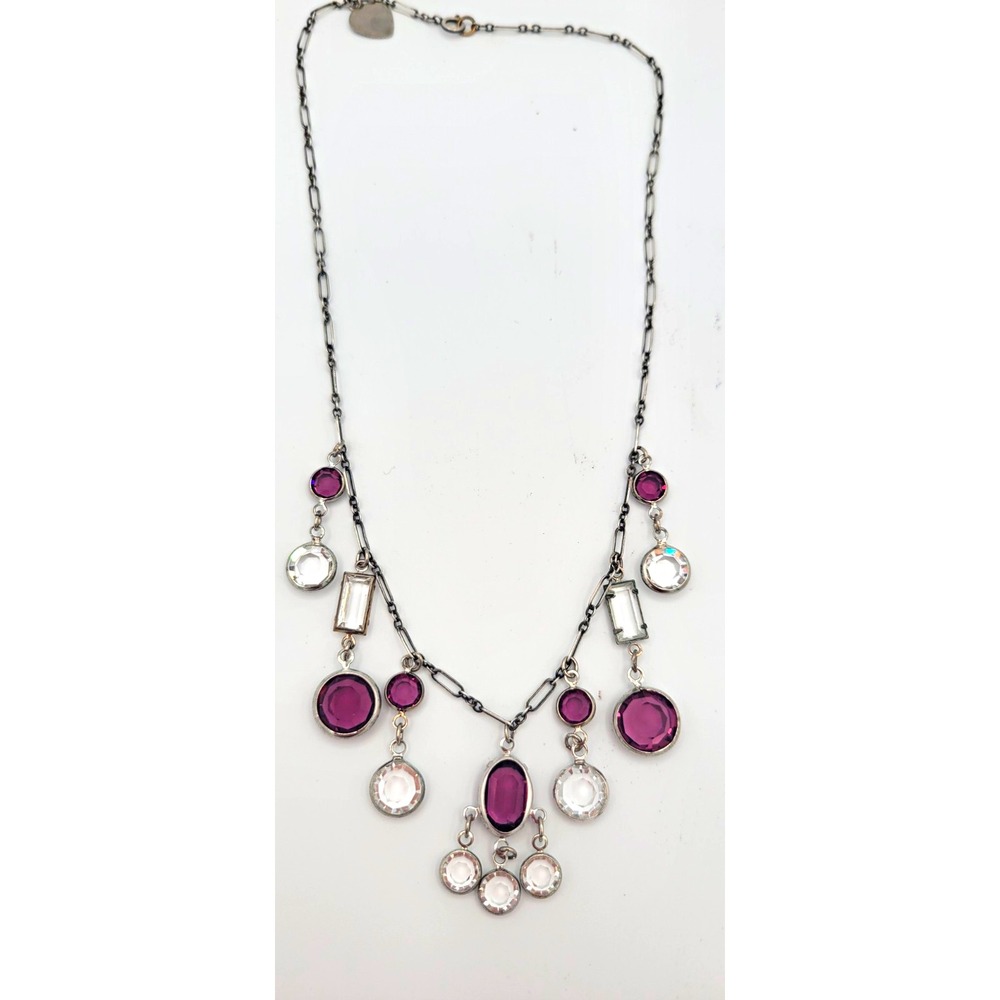 Lucy Isaacs NYC Signed Silver Cable Chain  Charm Necklace Purp/Clear Crystal Vtg